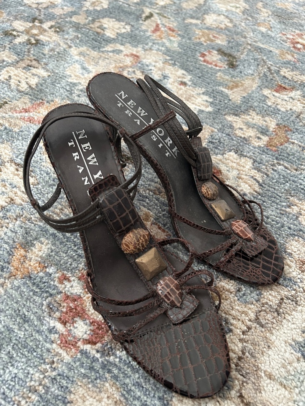 New York Transit Dark Brown Croc-Embossed Strappy Heels with Stone Accents